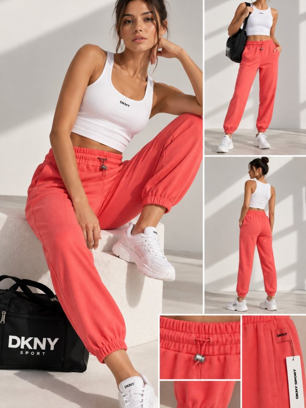 DKNY Sport Coral Ribbed Jogger Pants Size M NWT Drawstring Athletic Lounge Activ